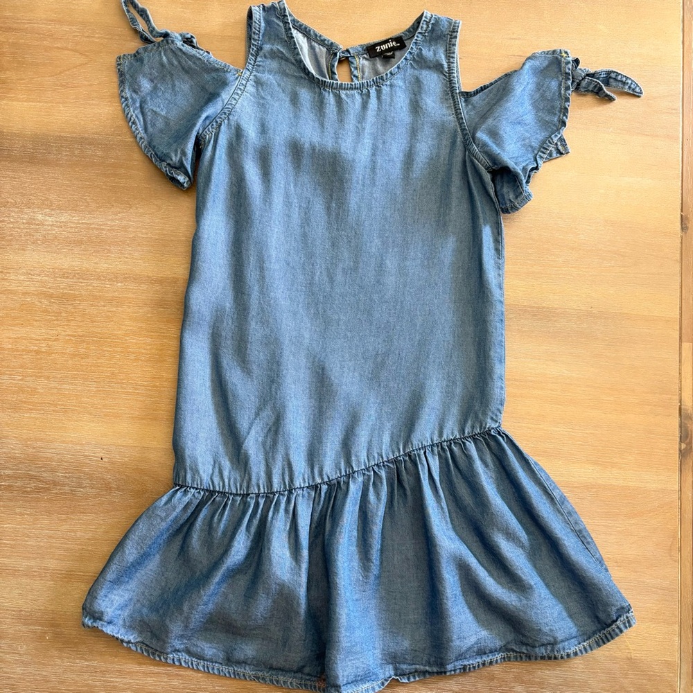 Zunie Girls Chambray Denim Tie Shoulder Ruffle Dress, Size 5